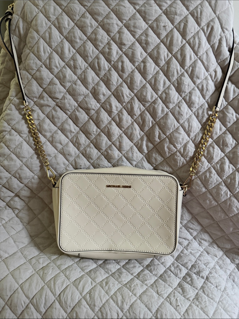 Cream Quilted Crossbody Bag with Gold Chain Strap